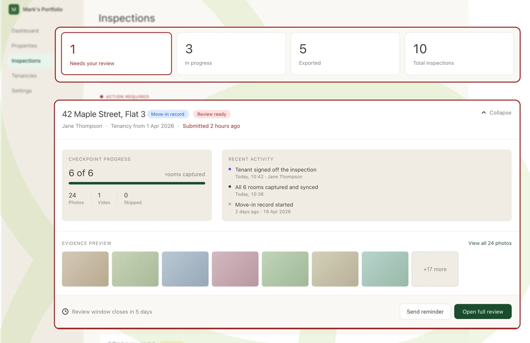 Erivault inspection review dashboard showing checkpoint progress, recent activity and evidence preview thumbnails.