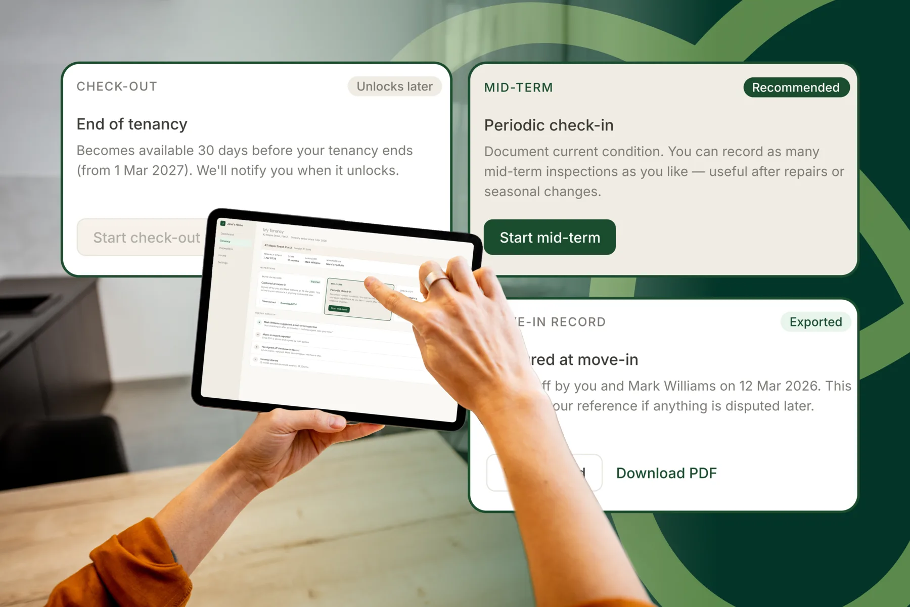 Erivault tenancy timeline screen showing move-in, mid-term and check-out inspection records on a tablet.